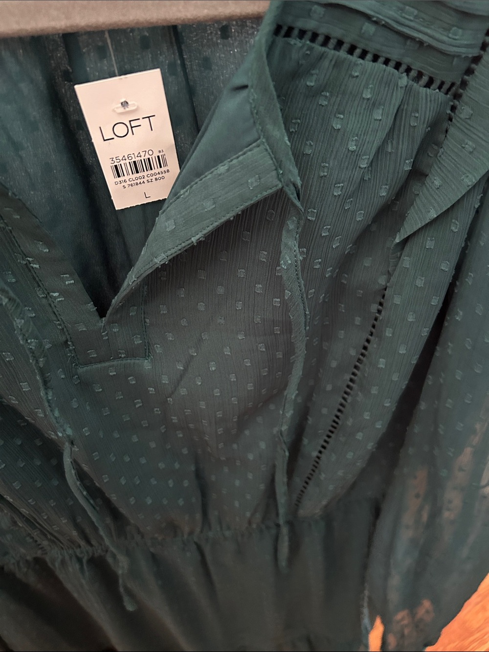 LOFT Green Dot-Textured Tiered Long Sleeve Dress - Picture 3 of 5